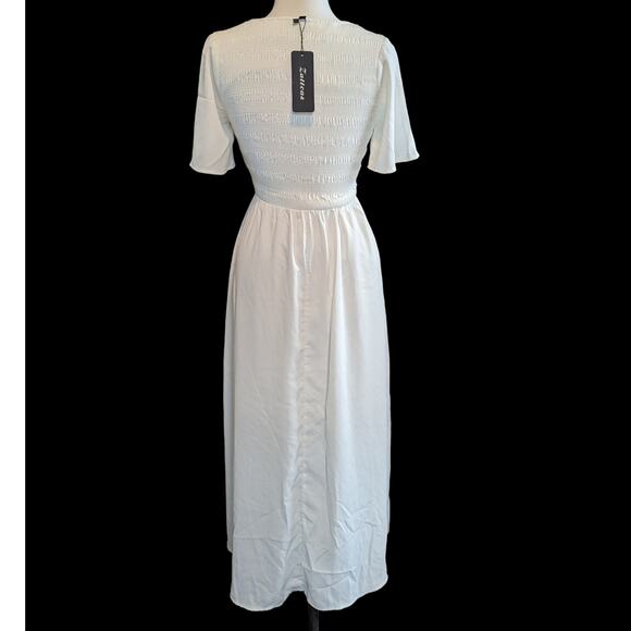 Women Short Sleeve Summer V Neck High Low Smocked Midi Dress Size XS - Picture 7 of 11